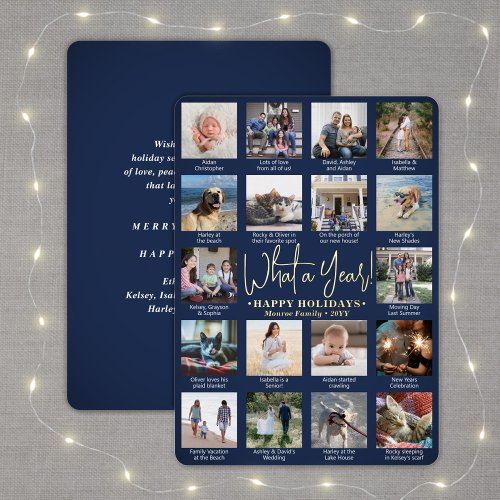 18 Photo Collage  Captions Navy Blue What a Year Foil Holiday Card