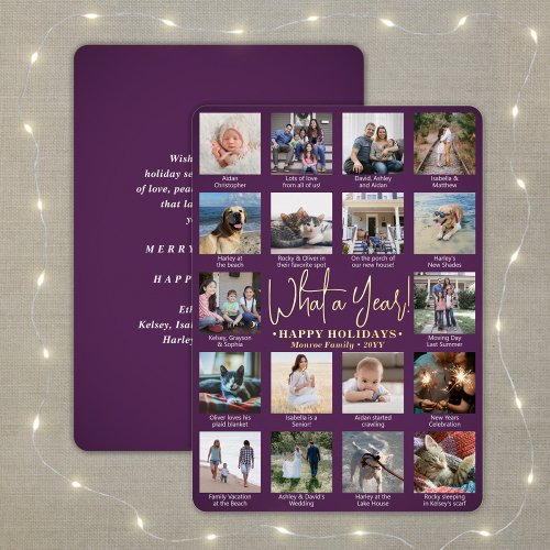 18 Photo Collage  Captions Purple What a Year Foil Holiday Card