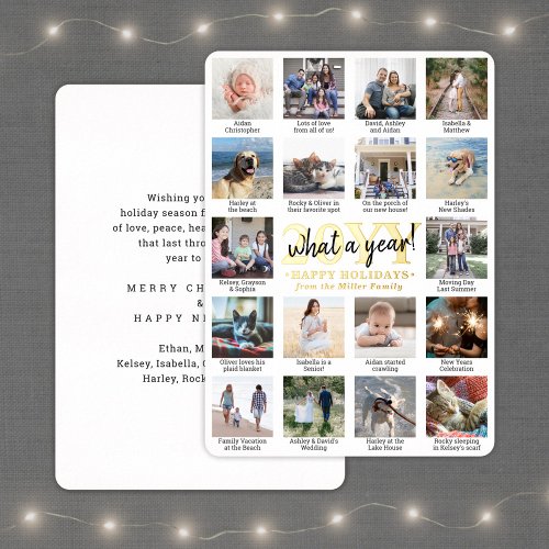 18 Photo Collage  Captions White What a Year Foil Holiday Card