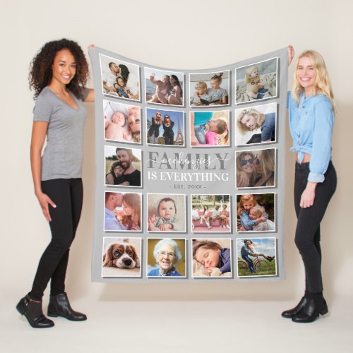 18 Photo Collage Family Name Gray Fleece Blanket