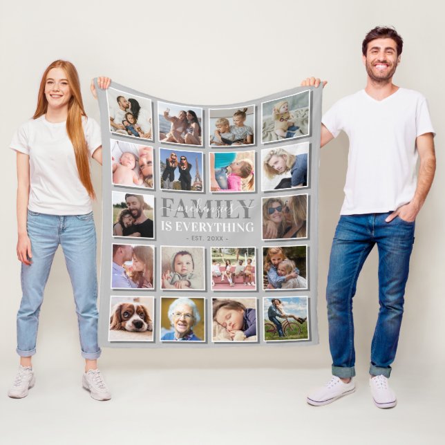 18 Photo Collage Family Name Gray Fleece Blanket (In Situ)