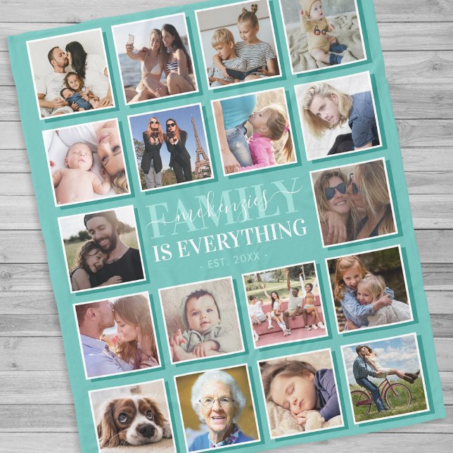 18 Photo Collage Family Name Teal Fleece Blanket (Creator Uploaded)