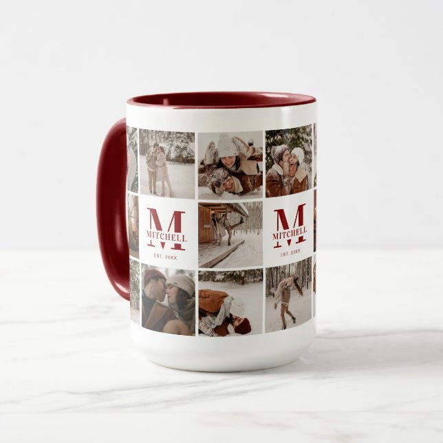 18 Photo Collage Modern Family Maroon Personalized Mug (Front Left)