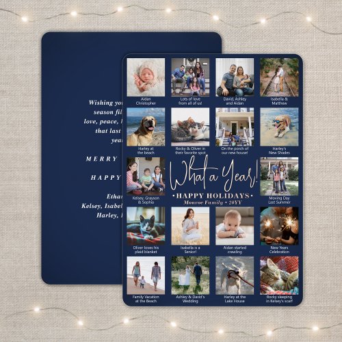 18 Photo Collage Navy Blue What a Year Modern Foil Holiday Card