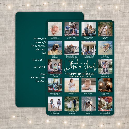 18 Photo Collage Teal What a Year Modern Script Foil Holiday Card