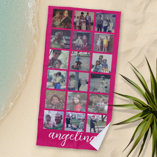 18 Photo Collage with Large Script and Hot Pink Beach Towel