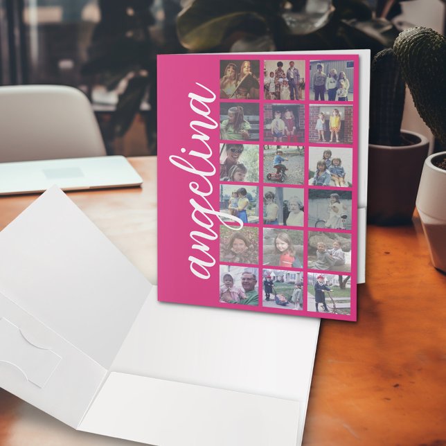 18 Photo Collage with Large Script and Hot Pink Pocket Folder (Personalized pocket folders)