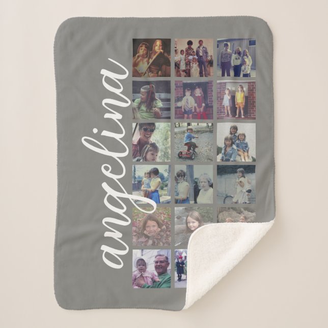 18 Photo Collage with Large Script and Neutral Sherpa Blanket (Front)