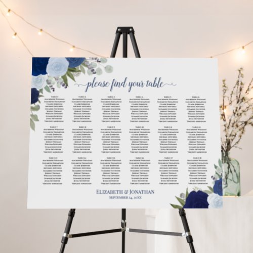 18 Table Blue Boho Floral Wedding Seating Chart Foam Board