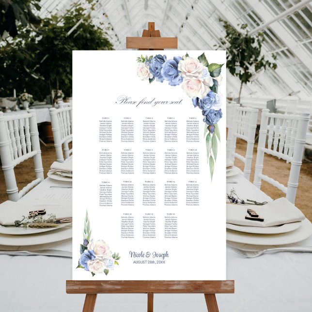 18 Table Blue White Rose Floral Seating Chart (Creator Uploaded)