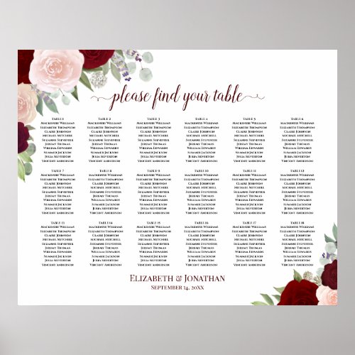 18 Table Burgundy Red  Pink Roses Seating Chart