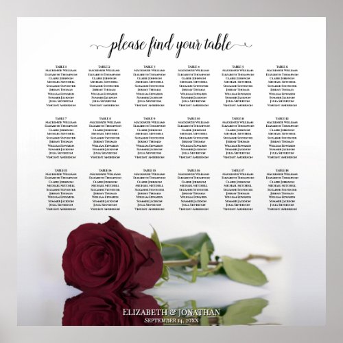 18 Table Burgundy Red Rose Wedding Seating Chart
