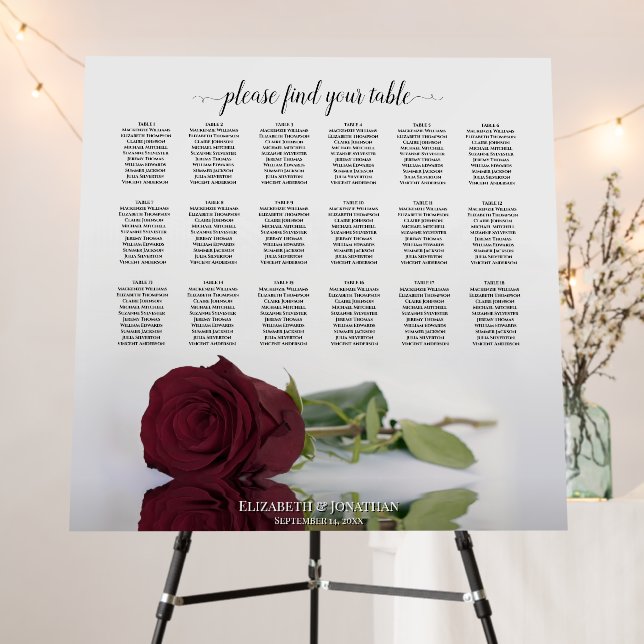 18 Table Burgundy Rose Wedding Seating Chart Foam Board (In Situ (Stand))