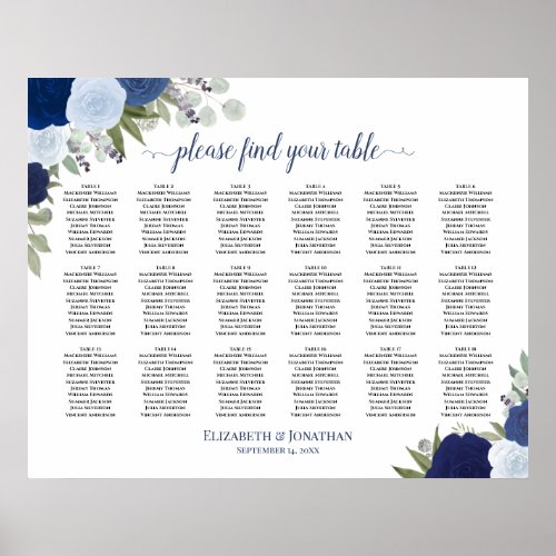 18 Table Elegant Blue Roses Wedding Seating Chart