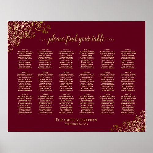 18 Table Elegant Burgundy and Gold Seating Chart