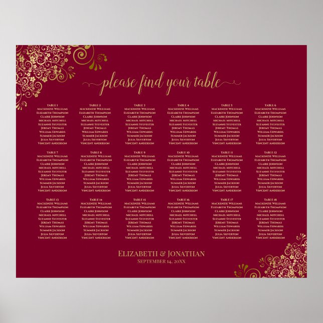18 Table Elegant Burgundy and Gold Seating Chart (Front)