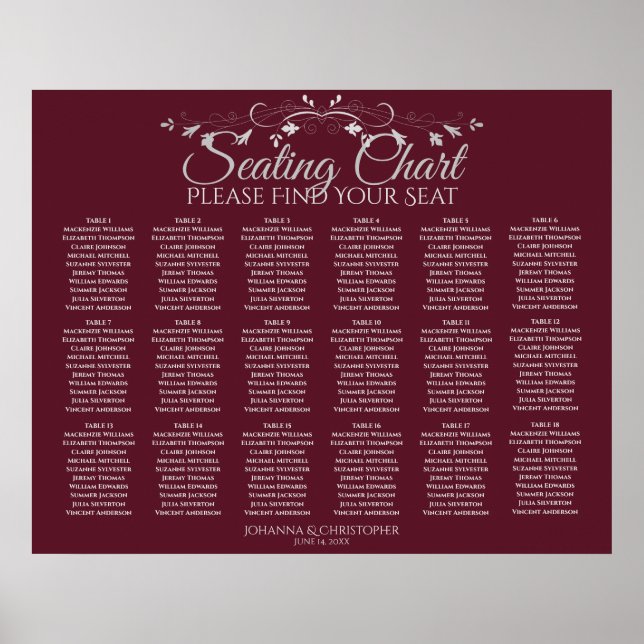 18 Table Elegant Burgundy Wedding Seating Chart (Front)
