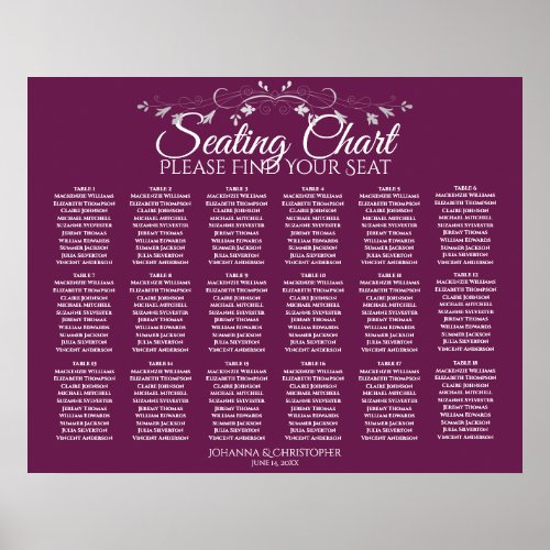 18 Table Elegant Cassis Wedding Seating Chart