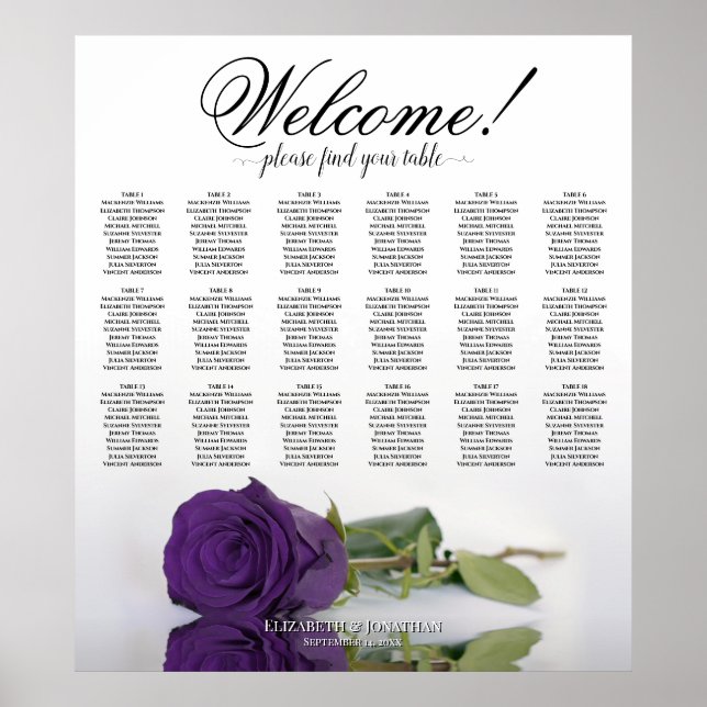 18 Table Elegant Royal Purple Rose Seating Chart (Front)