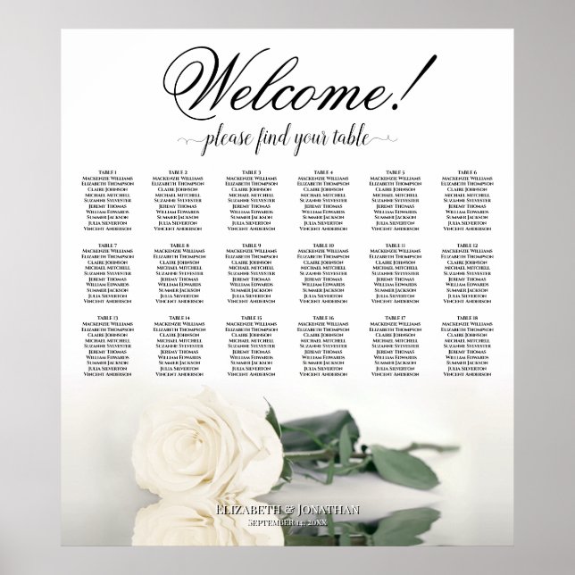 18 Table Elegant White Rose Wedding Seating Chart (Front)
