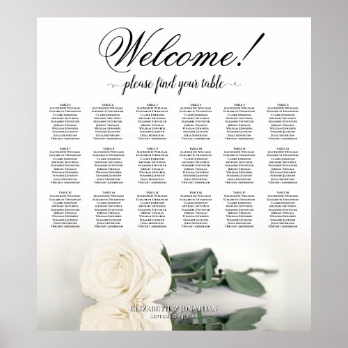 18 Table Elegant White Rose Wedding Seating Chart