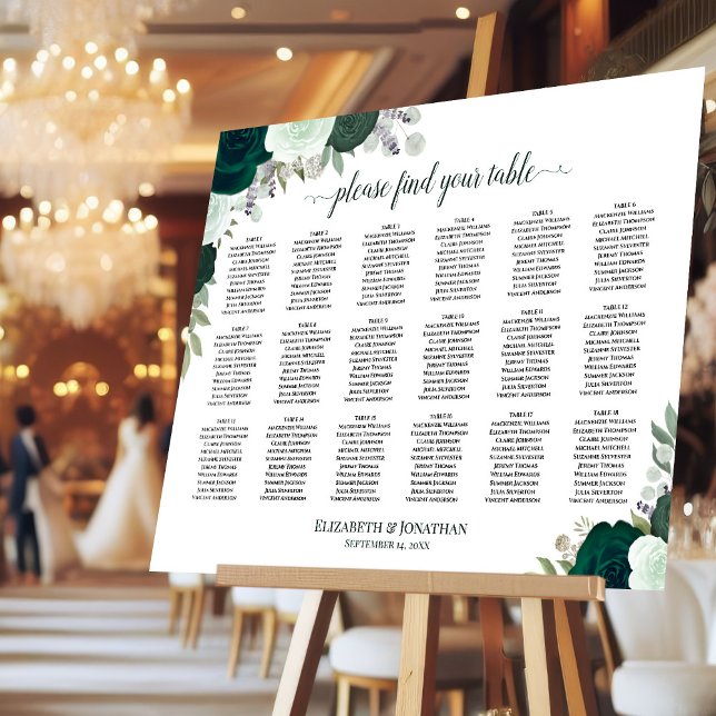 18 Table Emerald Boho Floral Wedding Seating Chart Foam Board (On Stand at Reception)