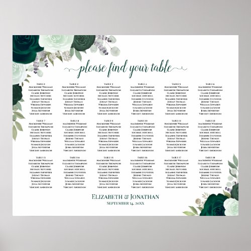 18 Table Emerald Roses Boho Wedding Seating Chart