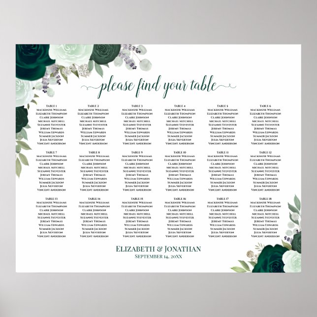 18 Table Emerald Roses Boho Wedding Seating Chart (Front)