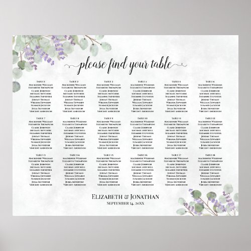 18 Table Eucalyptus Lavender Wedding Seating Chart