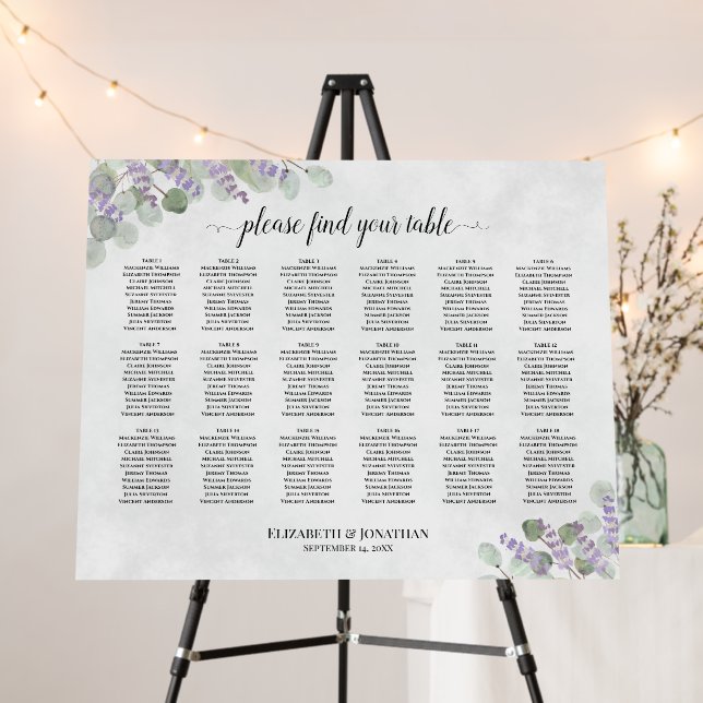 18 Table Eucalyptus Lavender Wedding Seating Chart Foam Board (In Situ (Stand))
