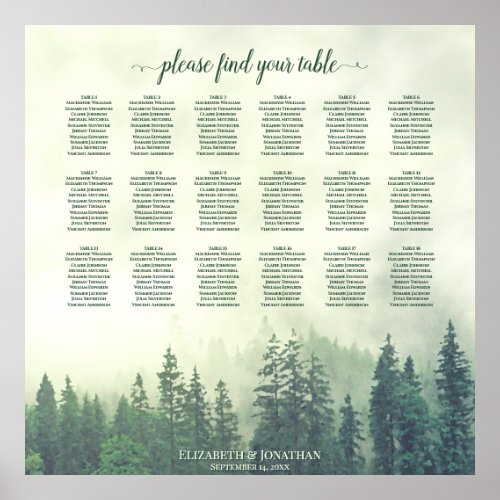 18 Table Foggy Green Pines Wedding Seating Chart