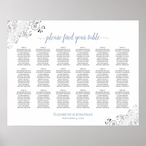 18 Table Frilly White Wedding Seating Chart Blue