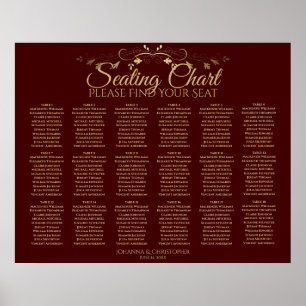 18 Table Gold & Auburn Brown Wedding Seating Chart