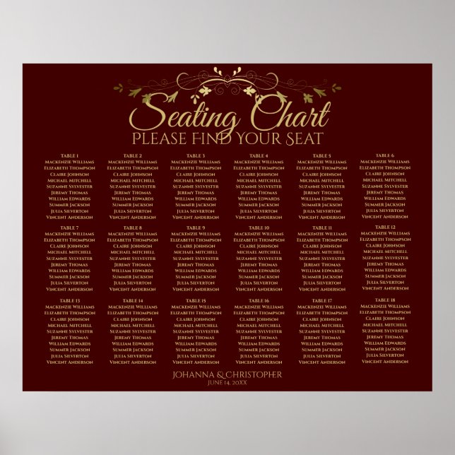 18 Table Gold & Auburn Brown Wedding Seating Chart (Front)