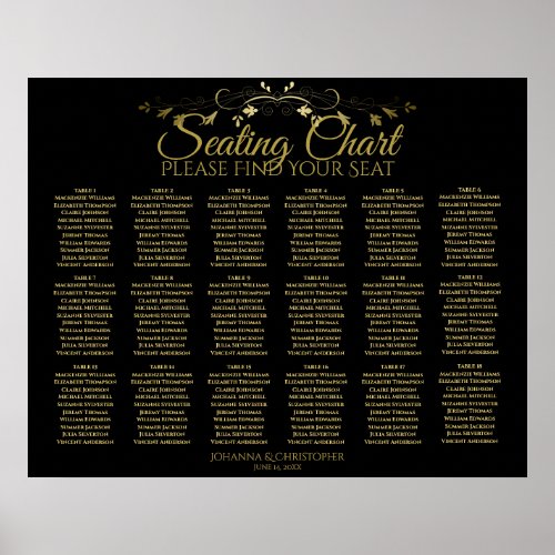 18 Table Gold  Black Simple Wedding Seating Chart