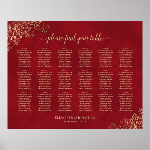 18 Table Gold Frills on Red Wedding Seating Chart