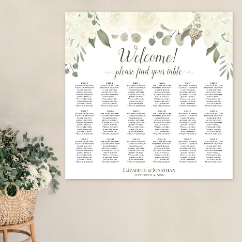 18 Table Ivory White Roses Wedding Seating Chart