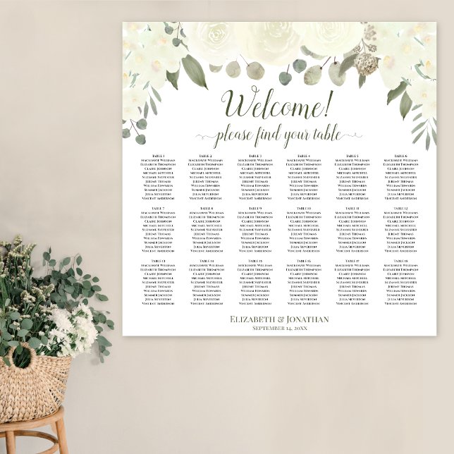 18 Table Ivory White Roses Wedding Seating Chart (In Situ on Wall)