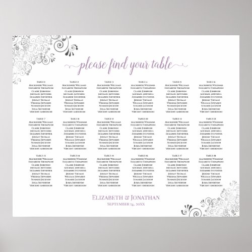 18 Table Lacy White Wedding Seating Chart Lavender