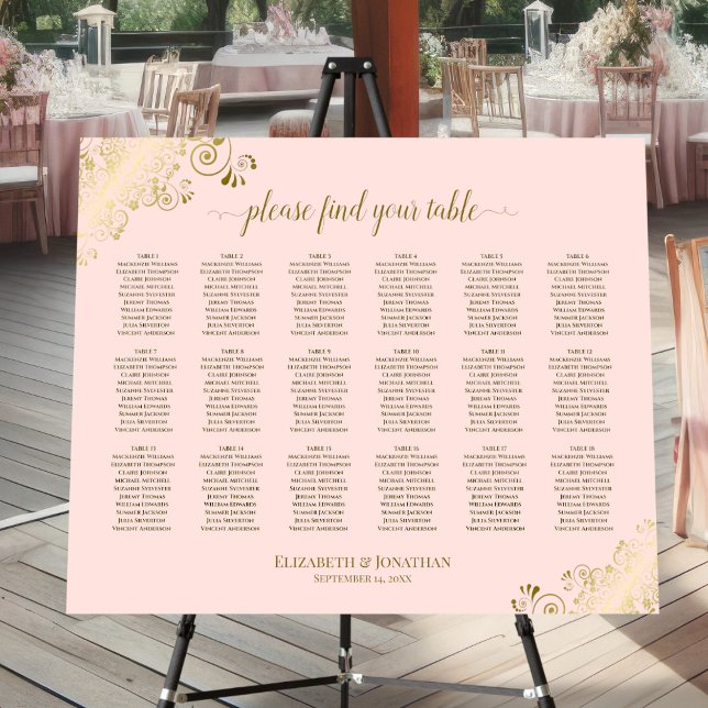 18 Table Ornate Pink & Gold Wedding Seating Chart Foam Board (On Stand at Reception)