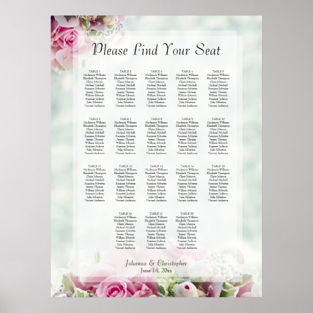 18 Table Pink Roses Wedding Seating Chart (Front)