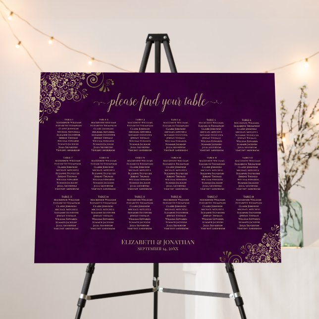 18 Table Plum Purple & Gold Wedding Seating Chart Foam Board (In Situ (Stand))