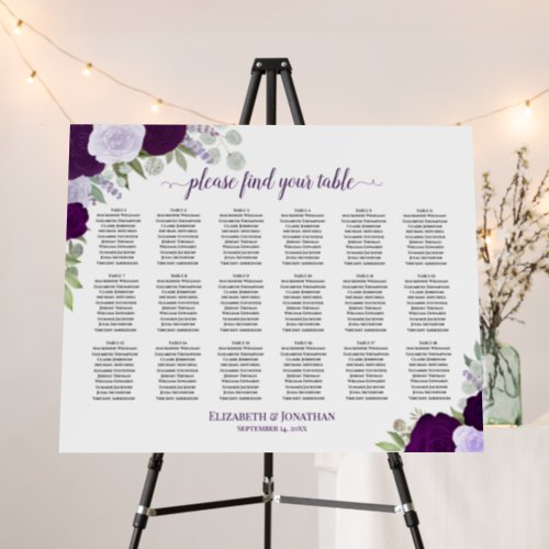 18 Table Purple Boho Floral Wedding Seating Chart Foam Board