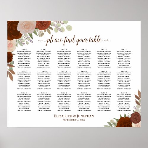 18 Table Rustic Autumn Roses Wedding Seating Chart