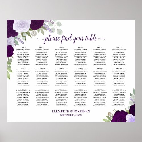 18 Table Rustic Purple Roses Wedding Seating Chart