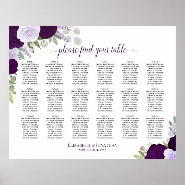 18 Table Rustic Purple Roses Wedding Seating Chart | Zazzle