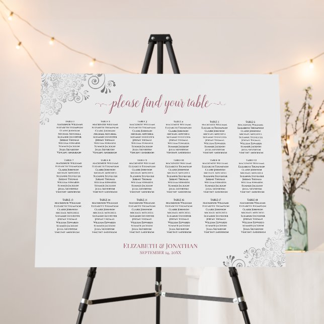 18 Table Silver & Dusty Rose Wedding Seating Chart Foam Board (In Situ (Stand))