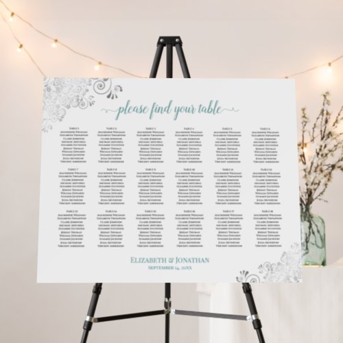 18 Table Silver Frils Teal on White Seating Chart Foam Board