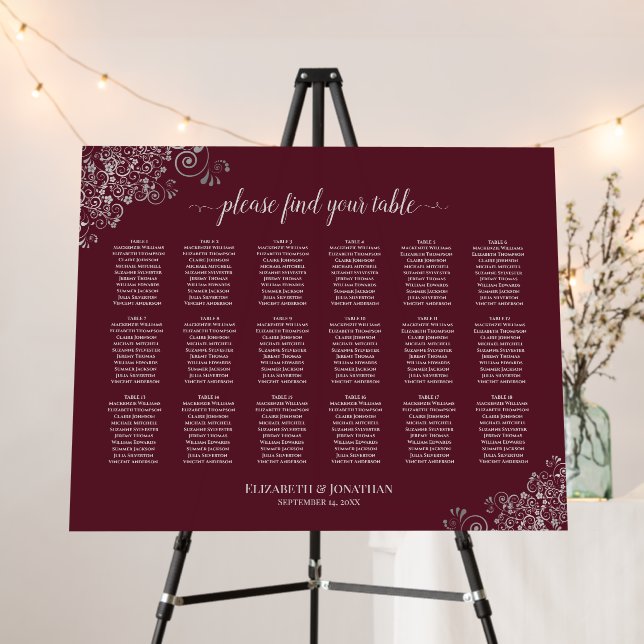 18 Table Silver Lace on Burgundy Seating Chart Foam Board (In Situ (Stand))