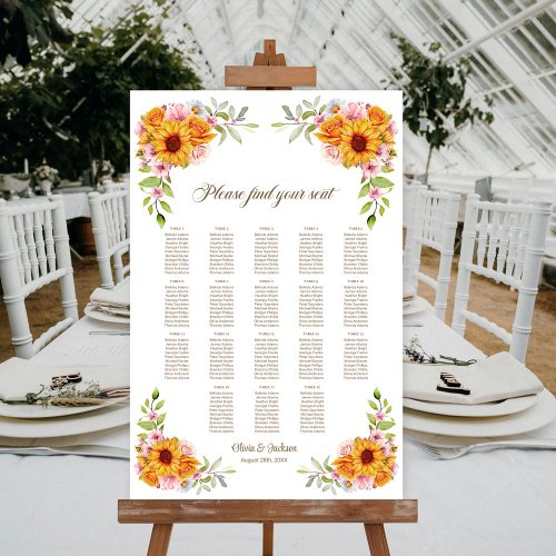 18 Table Sunflower Rose Wedding Seating Chart